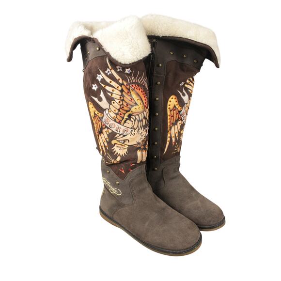 Ed Hardy Shoes - Ed Hardy Women Brown Tall Knee High Boots Eagle Design Studded Lined Womens 9